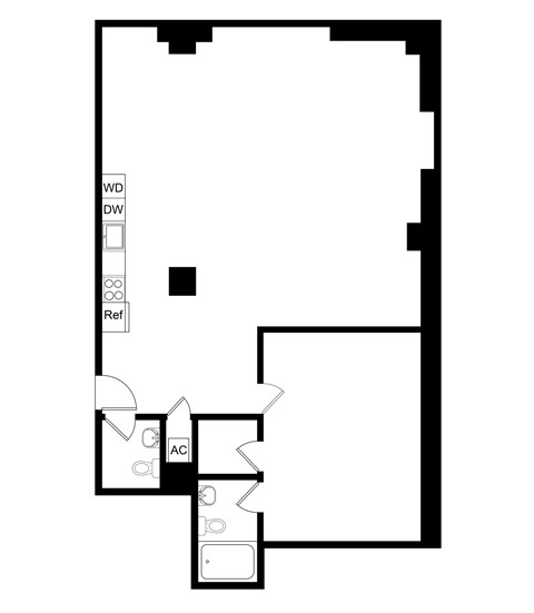 A black and white image of a floor plan with a square, a rectangle, and a circle.
